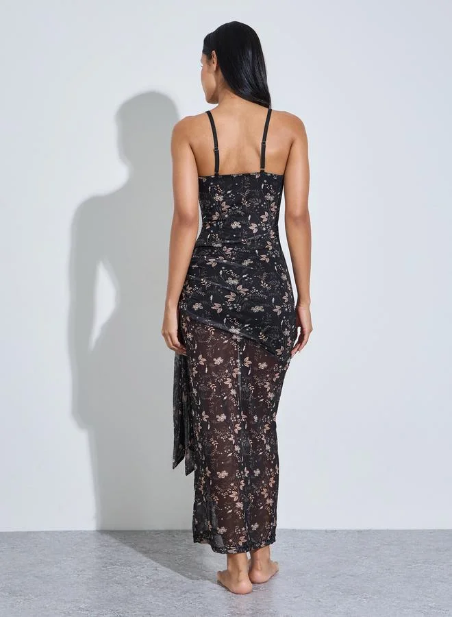 Styli  Women Floral Print Maxi Slip Dress with Lace Corset and Brief Set for Women | Best Price UAE