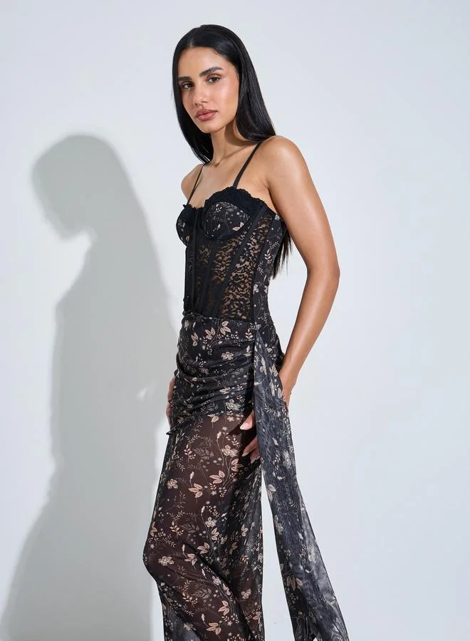 Styli  Women Floral Print Maxi Slip Dress with Lace Corset and Brief Set for Women | Best Price UAE