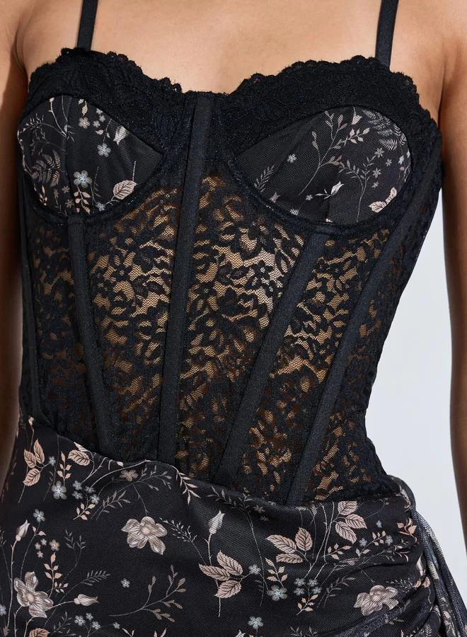 Styli  Women Floral Print Maxi Slip Dress with Lace Corset and Brief Set for Women | Best Price UAE