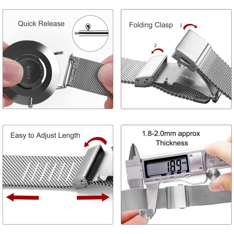 EACHE Stainless Steel Mesh Watch Band 20mm for Men Women Quick Release Adjustable Mesh Watch Straps Silver - Image 4