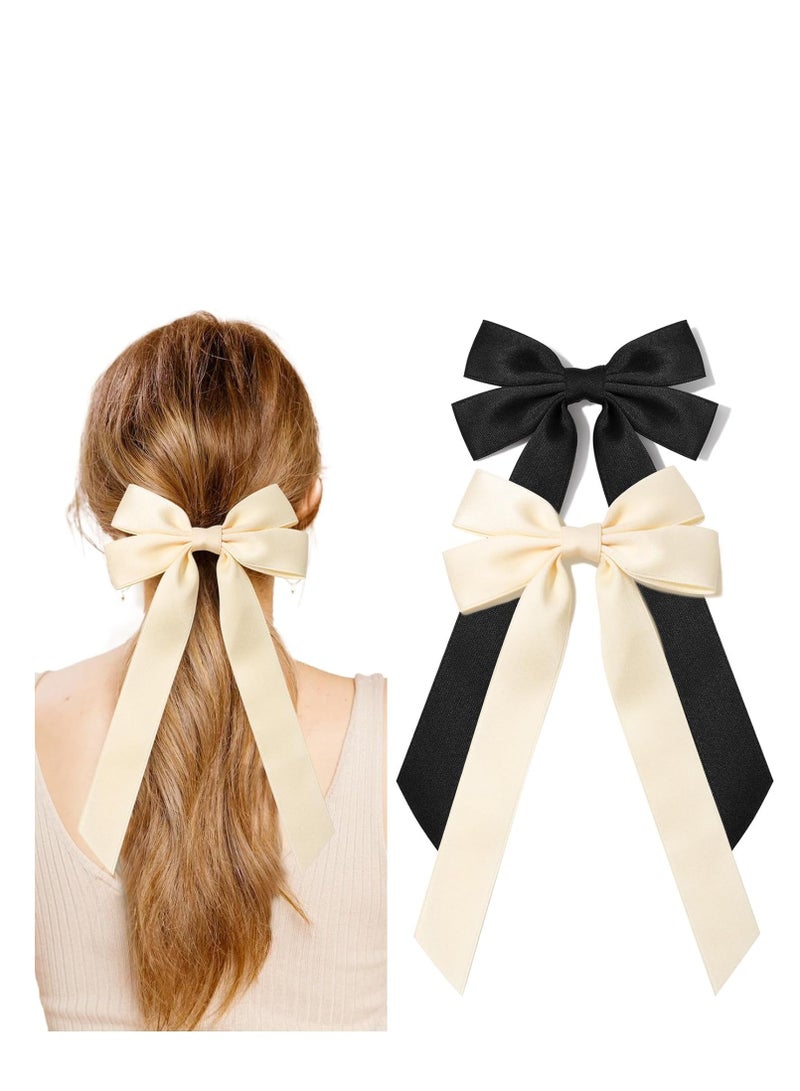 Silky Satin Hair Bows, Black Beige Hair Ribbon Clips for women Ponytail Holder Hair Accessories, Alligator Clips Hair Bow for Women Girls, 2PCS - Image 1