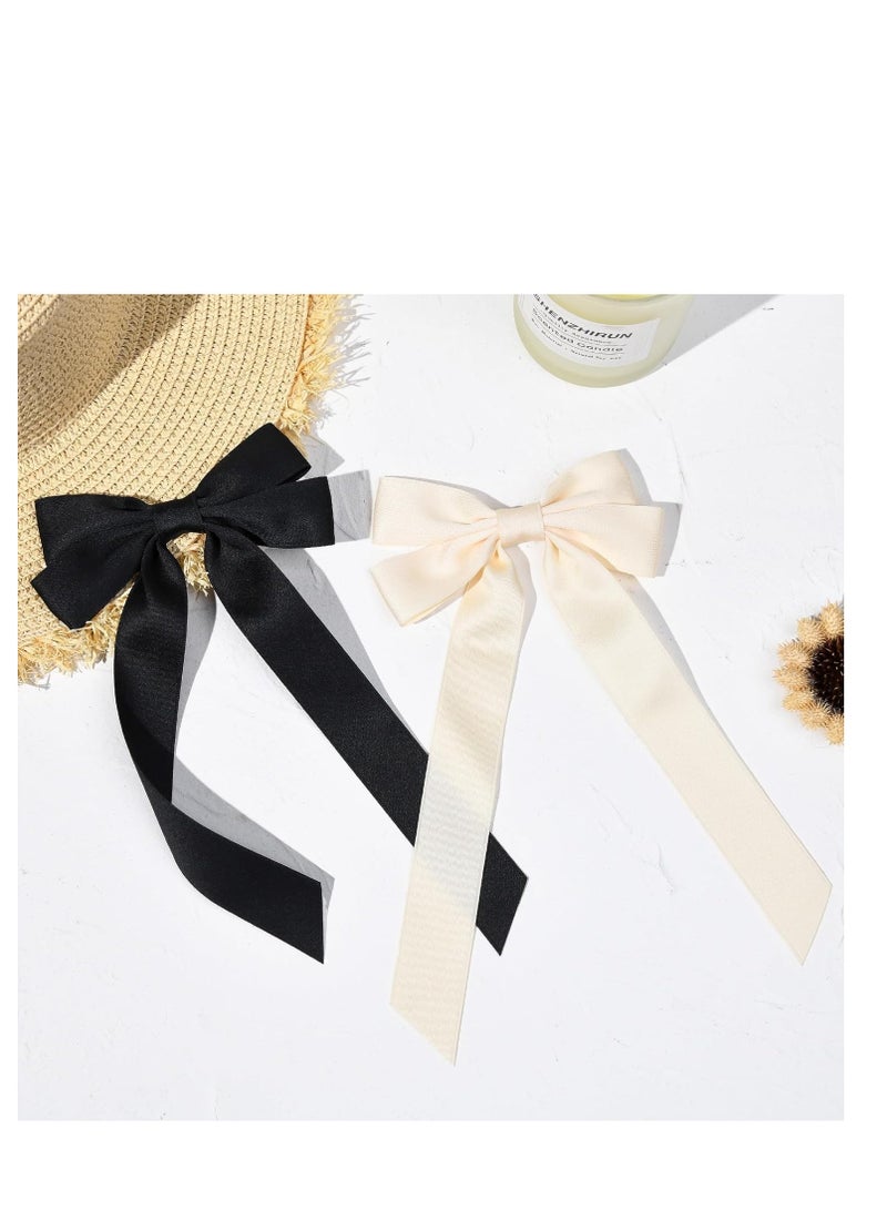Silky Satin Hair Bows, Black Beige Hair Ribbon Clips for women Ponytail Holder Hair Accessories, Alligator Clips Hair Bow for Women Girls, 2PCS - Image 4