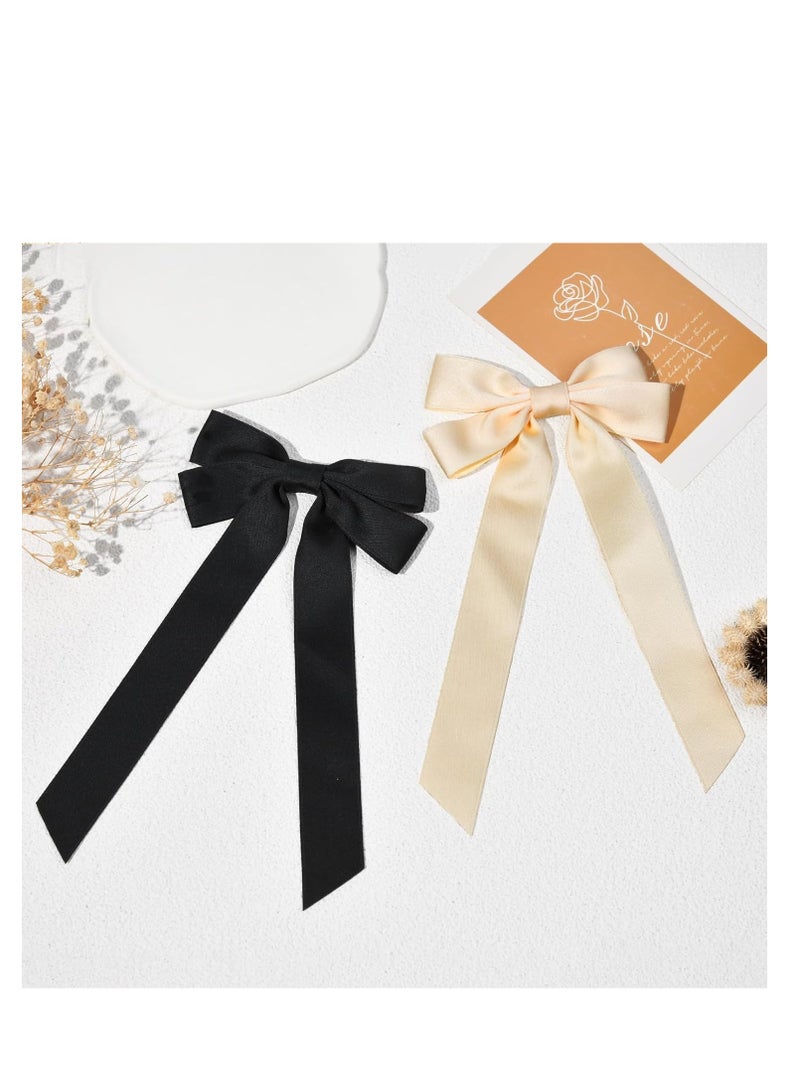 Silky Satin Hair Bows, Black Beige Hair Ribbon Clips for women Ponytail Holder Hair Accessories, Alligator Clips Hair Bow for Women Girls, 2PCS - Image 5
