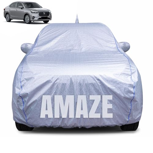 CABIUS 100% Waterproof Car Body Cover for Honda Amaze (2024-2025) with Mirror Pocket, Heat & UV Resistant, Triple Stitched, Soft Lining, Bottom Elastic & Piping (Silver Reflective) - Image 1