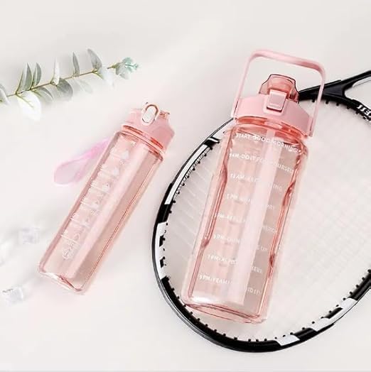 DineZen Set of 3 Transparent Water Bottle 2000ML 900ML 300ML with Motivational Time Marker Leakproof Durable Sipper Water Bottle for Office School Gym PURPAL - Image 3
