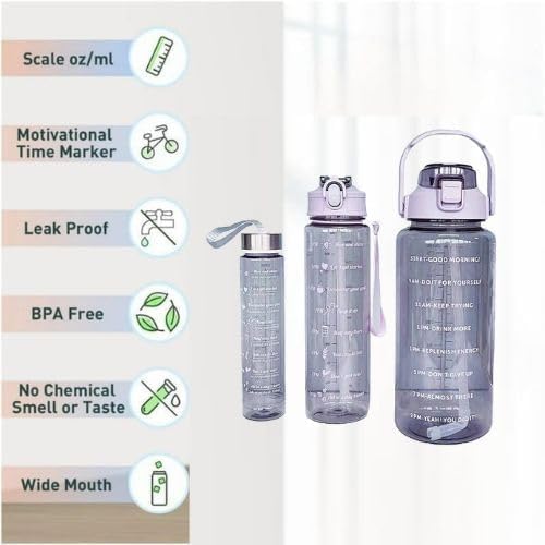 DineZen Set of 3 Transparent Water Bottle 2000ML 900ML 300ML with Motivational Time Marker Leakproof Durable Sipper Water Bottle for Office School Gym PURPAL - Image 4