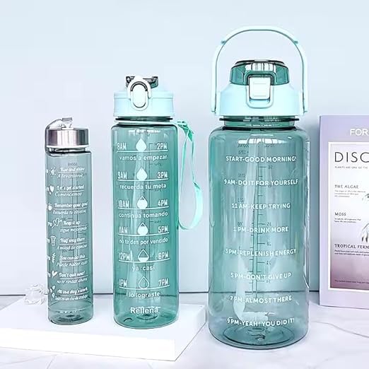 DineZen Set of 3 Transparent Water Bottle 2000ML 900ML 300ML with Motivational Time Marker Leakproof Durable Sipper Water Bottle for Office School Gym PURPAL - Image 5