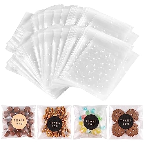 NPLUX 200PACK Self Sealing Cellophane Treat Bags Clear Cookie Bags for Gift Giving with Stickers(White Polka Dot, 4X4INCH) - Image 1