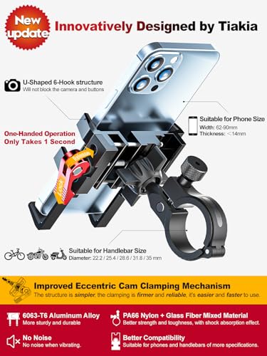 Tiakia Bike Phone Mount Holder, Aluminum Motorcycle Phone Mount, Handlebar Mounted Cell Phone Holder for Bike, 360° Rotation, Universal Bicycle Phone Mount for 4.5-7 Inch Phones - Image 2