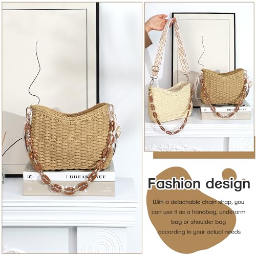 KPX Straw Handbags Purses Crossbody Pocketbook Bag Casual Woven Beach Bags Summer Hobo Hippie Chic Tote Bags with Chain (Chic, Brown) - Image 5