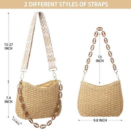 KPX Straw Handbags Purses Crossbody Pocketbook Bag Casual Woven Beach Bags Summer Hobo Hippie Chic Tote Bags with Chain (Chic, Brown) - Image 3