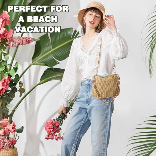 KPX Straw Handbags Purses Crossbody Pocketbook Bag Casual Woven Beach Bags Summer Hobo Hippie Chic Tote Bags with Chain (Chic, Brown) - Image 2