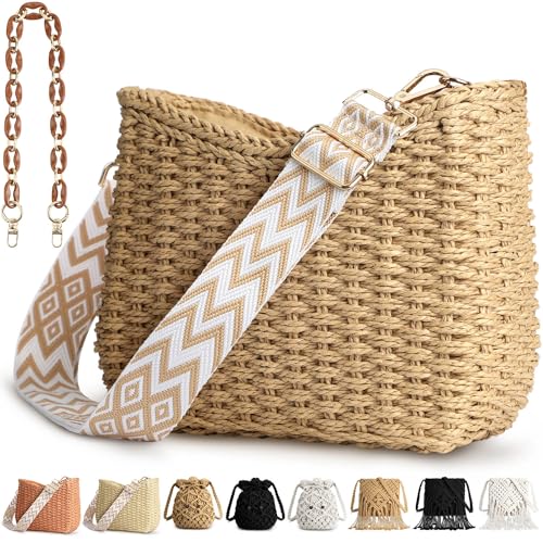 KPX Straw Handbags Purses Crossbody Pocketbook Bag Casual Woven Beach Bags Summer Hobo Hippie Chic Tote Bags with Chain (Chic, Brown) - Image 1