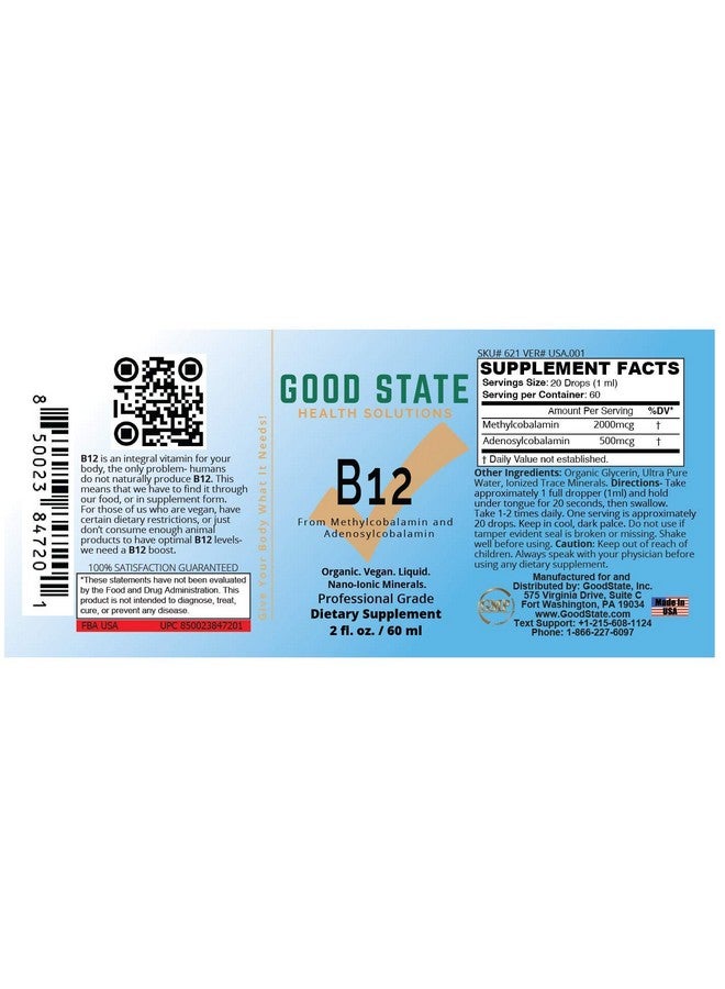 Good State Good State Vitamin B12 Liquid Mineral Supplement | Vegan, Organic and Professional Grade B12 Vitamins Sublingual Liquid | Nano-Ionic for Optimal Absorption | 2 Fl oz Bottle  - Image 4