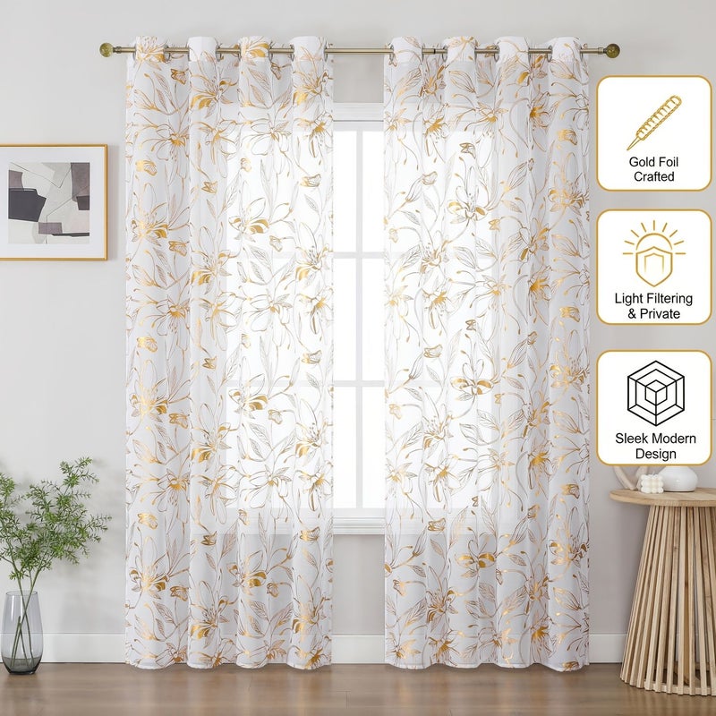 1pc Butterfly Golden Foil Translucent Bali Gauze Curtain 60x120 Semi Transparent Curtain Hot Stamping Plant Curtain Easy To Hang Suitable For Bedroom Kitchen Living Room Curtain - Image 1