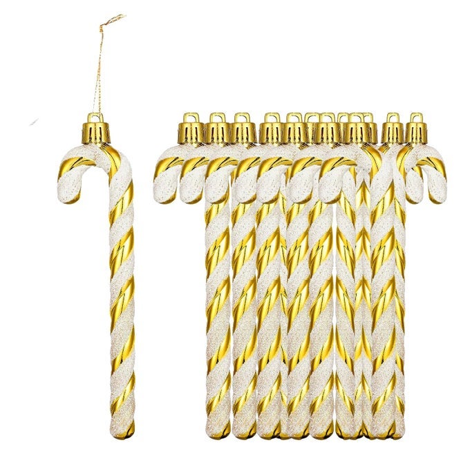 12PCS GLITTER CANDY CANE CHRISTMAS TREE DECORATIONS CHRISTMAS PLASTIC CANDY CANE CHRISTMAS TREE HANGING ORNAMENT FOR HOLIDAY PARTY DECORATION FAVOR GOLD