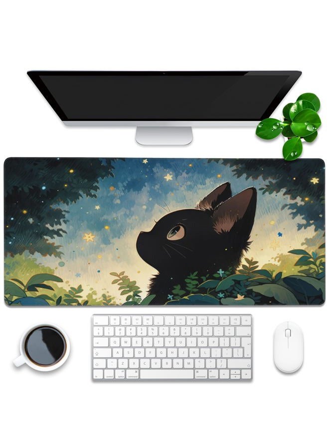 KOAIWPAE Desk Pad, Anime Cute Black Cat Extended Gaming Mouse Pad Large, 35.4"x15.7" Big Mouse Pad with Non-Slip Base and Stitched Edge, Long Computer Keyboard Mouse Mat for Home Office Work - Image 1