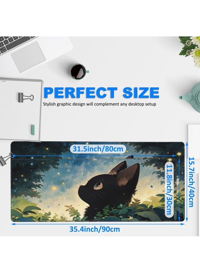 KOAIWPAE Desk Pad, Anime Cute Black Cat Extended Gaming Mouse Pad Large, 35.4"x15.7" Big Mouse Pad with Non-Slip Base and Stitched Edge, Long Computer Keyboard Mouse Mat for Home Office Work - Image 2