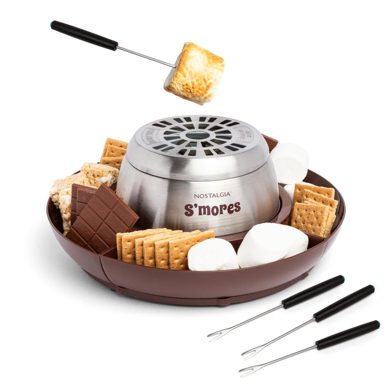 Nostalgia Nostalgia Indoor Electric Stainless Steel SMores Maker with 4 Lazy Susan Compartment Trays for Graham Crackers Chocolate Marshmallows and 4 Roasting Forks Brown 