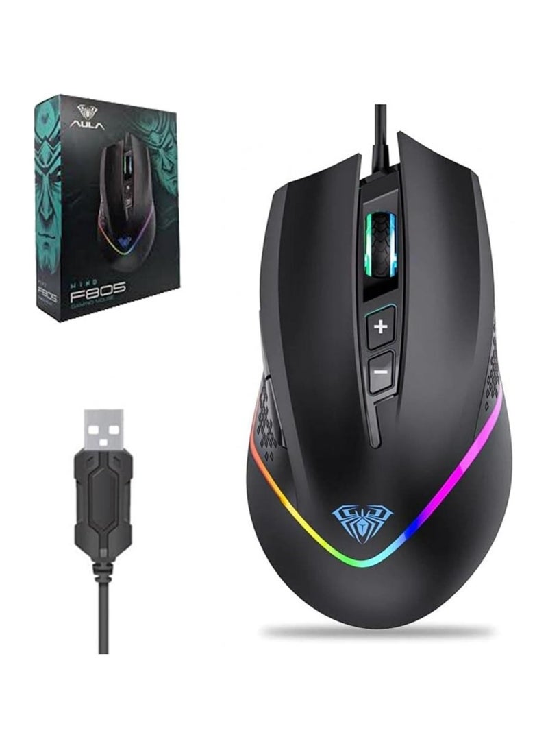 أولا ماوس الألعاب AULA F805 من ماركو مزود بإضاءة RGB ملونة قابلة للبرمجة و6 سرعات وإضاءة خلفية DPI و7 أزرار قابلة للبرمجة للكمبيوتر الشخصي - Image 1