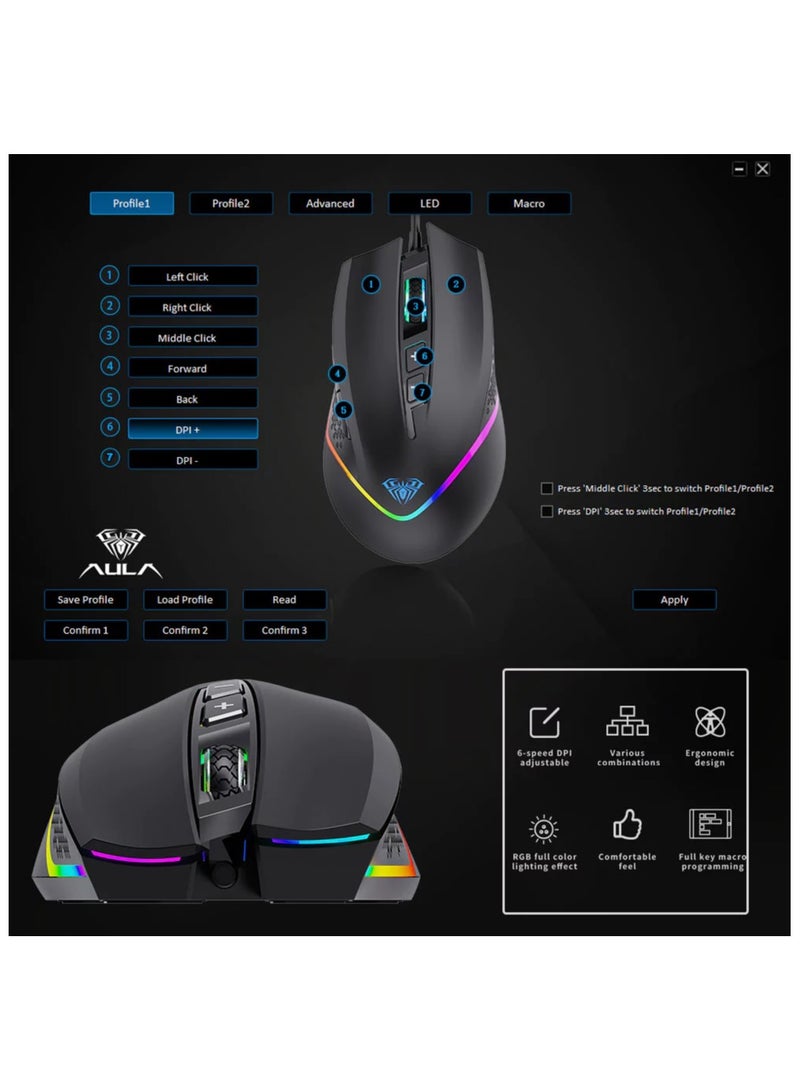 أولا ماوس الألعاب AULA F805 من ماركو مزود بإضاءة RGB ملونة قابلة للبرمجة و6 سرعات وإضاءة خلفية DPI و7 أزرار قابلة للبرمجة للكمبيوتر الشخصي - Image 4