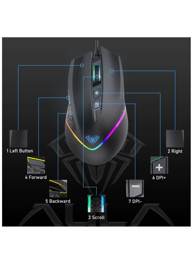 أولا ماوس الألعاب AULA F805 من ماركو مزود بإضاءة RGB ملونة قابلة للبرمجة و6 سرعات وإضاءة خلفية DPI و7 أزرار قابلة للبرمجة للكمبيوتر الشخصي - Image 5