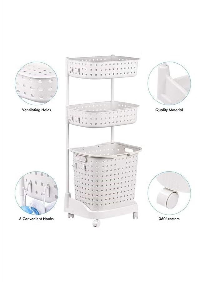 3-Layer Laundry Basket with Wheels, White - Image 3