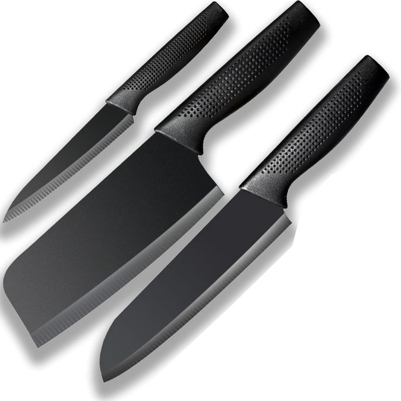 Potency طقم سكاكين 5 إنش سكين تقشير 7 إنش سكين شيف 65 إنش سكين تقطيع اللحم من الفولاذ المقاوم للصدأ مقبض بلاستيك PP سكاكين الفواكه والخضروات والأعشاب واللحوم كاملة الشفرة حادة للغاية أسود عبوة من 3 - Image 1