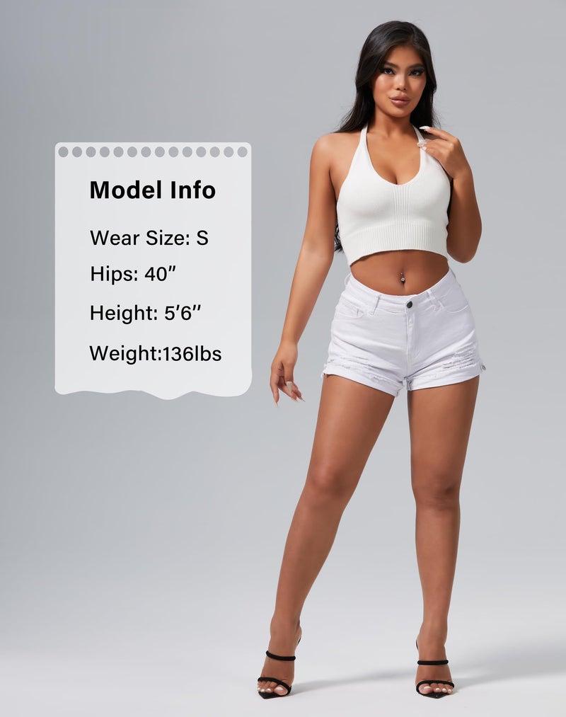roswear Women's Ripped Mid Rise Stretchy Denim Jeans Shorts White Medium - Image 4