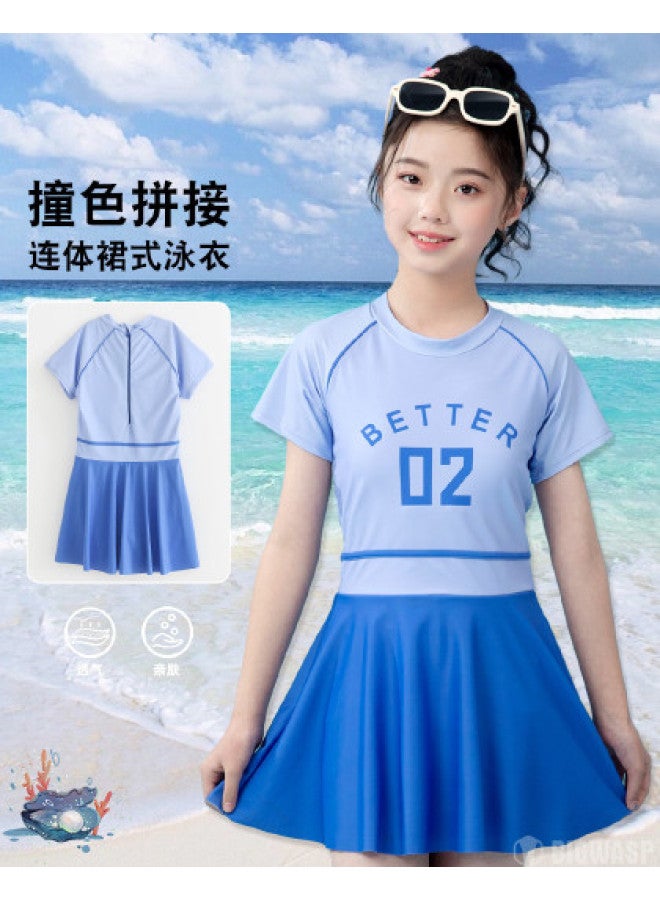 Bumblebee girls One-piece Swimsuit Parent-child Style Hot Springs Square-cut Dress With Short Sleeves And Skirt - Image 1