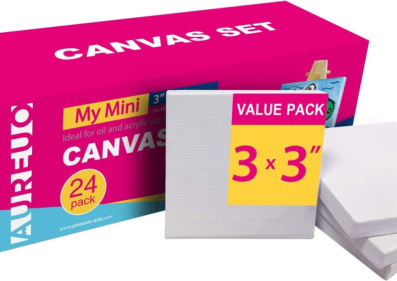 AUREUO Mini Stretched Canvas - 3x3 Inch/24 Pack - 2/5 Inch Profile Small Square Canvas - Gift Set Bulk Pack Canvases for Acrylic Painting & Craft - Image 1