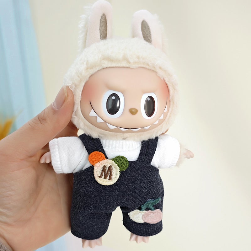 The suspenders are suit suitable for cloth pendant clothes to replace the 17cm Macaron vinyl Labubu doll clothes.(White T-shirt blue and black suspenders [without baby], Suitable for 17cm pull cloth pendant) - Image 1