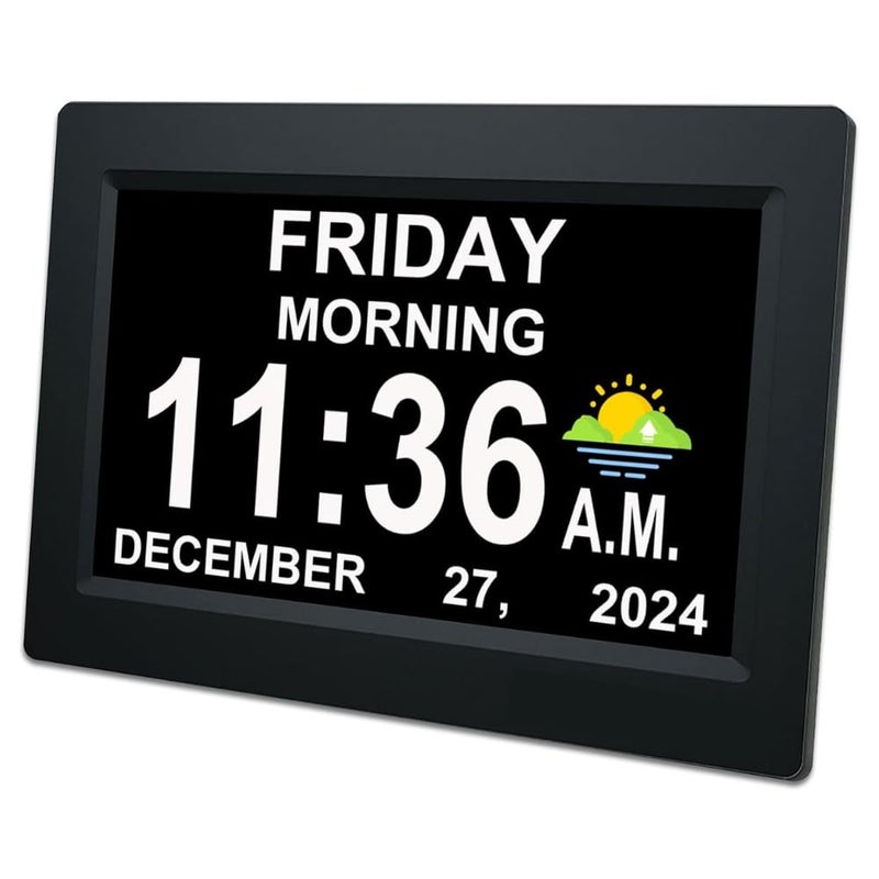 Digital Day Clock for Seniors - 7" Large Display with Non-Abbreviated Date & Day, 12 Alarm Options, Auto-Dimmable (Level 5), Dementia Clock for Elderly, Vision Impaired, and Memory Loss (7 inch Black)