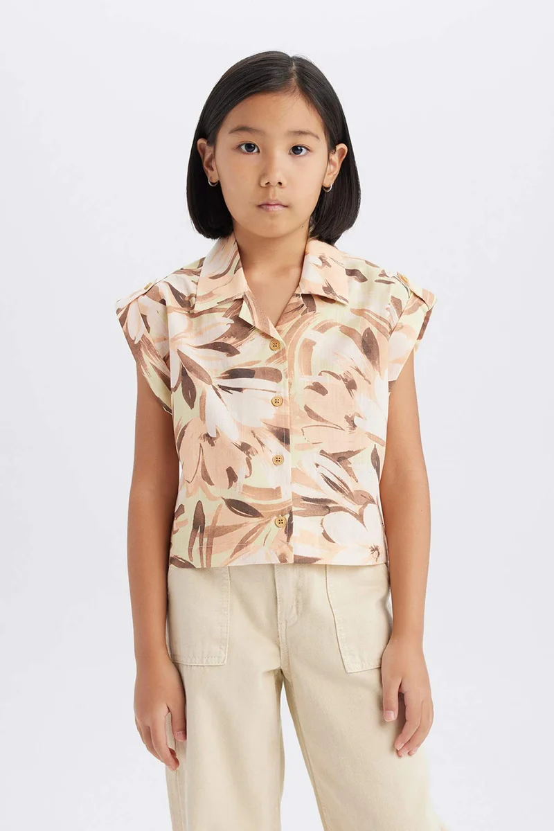 DeFacto Girl Crop Patterned Cotton Short Sleeve Shirt