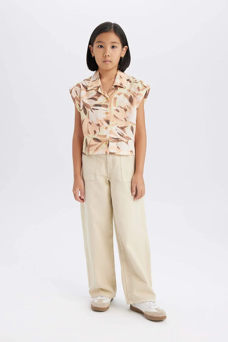 DeFacto Girl Crop Patterned Cotton Short Sleeve Shirt