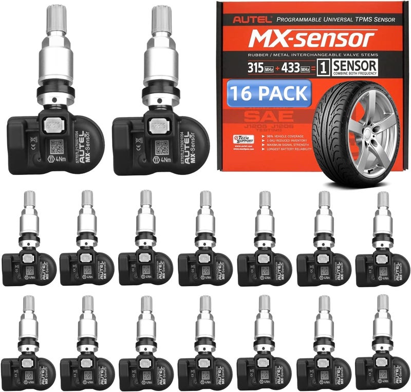 Autel TPMS Sensors 2in1 MXSensor 315MHz 433MHz Pressin Tire Pressure Monitor System Sensor OELevel TPMS Sensor Programmable by Autel TPMS Tool with TS408 TS508WF TS601 Metal Stem Set of 16