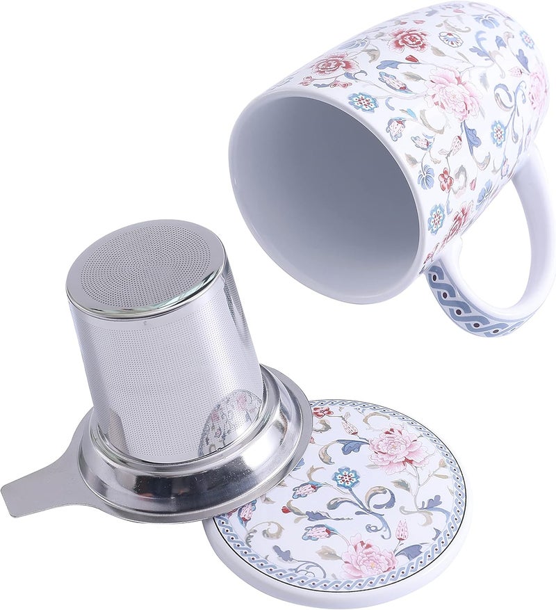 Bico Peony Garden 12oz Porcelain Tea Mug with Infuser and Lid, Microwave & Dishwasher Safe - Image 4