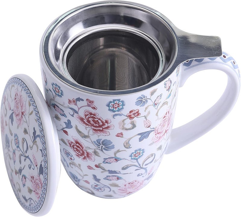 Bico Peony Garden 12oz Porcelain Tea Mug with Infuser and Lid, Microwave & Dishwasher Safe - Image 5