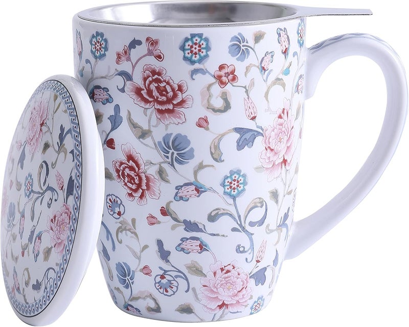 Bico Peony Garden 12oz Porcelain Tea Mug with Infuser and Lid, Microwave & Dishwasher Safe - Image 3