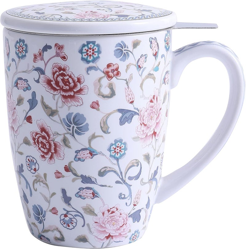 Bico Peony Garden 12oz Porcelain Tea Mug with Infuser and Lid, Microwave & Dishwasher Safe - Image 1