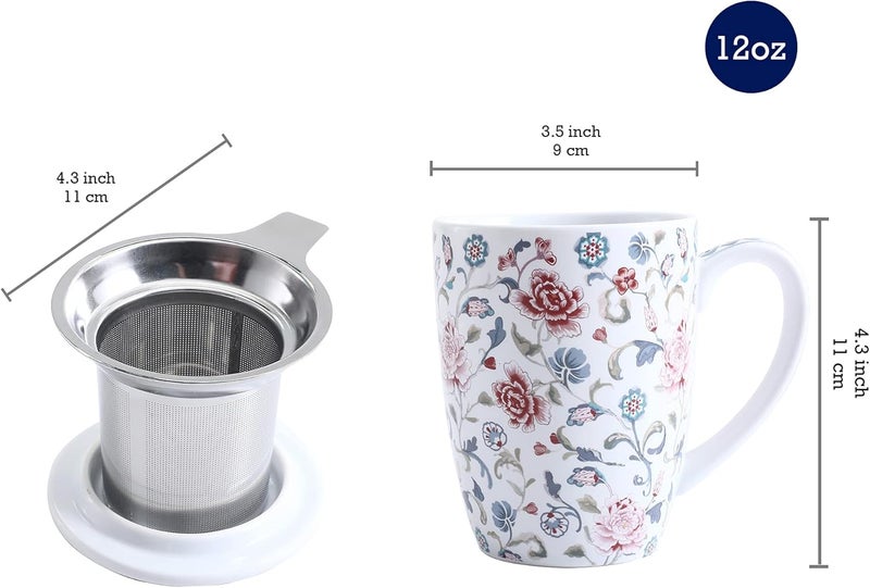 Bico Peony Garden 12oz Porcelain Tea Mug with Infuser and Lid, Microwave & Dishwasher Safe - Image 2