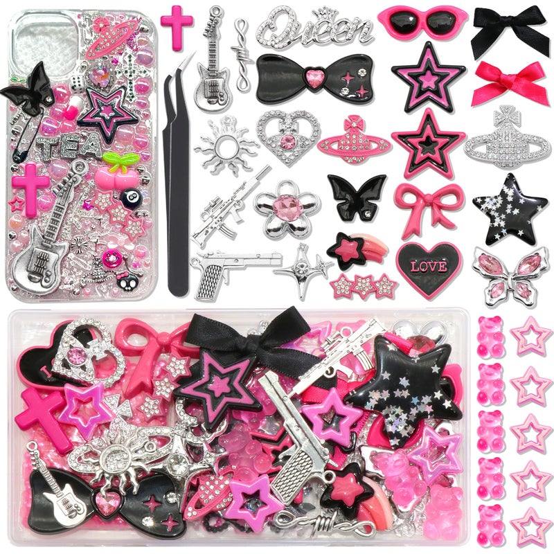 BELICEY Junk Case Charms Kit Black Pink Charm for Phone Cases Multi-Shape Kawaii Bow Heart Star Phone Case Charm Flatback Pearls for Customizing Case Nails Jewelry DIY Craft - Image 1