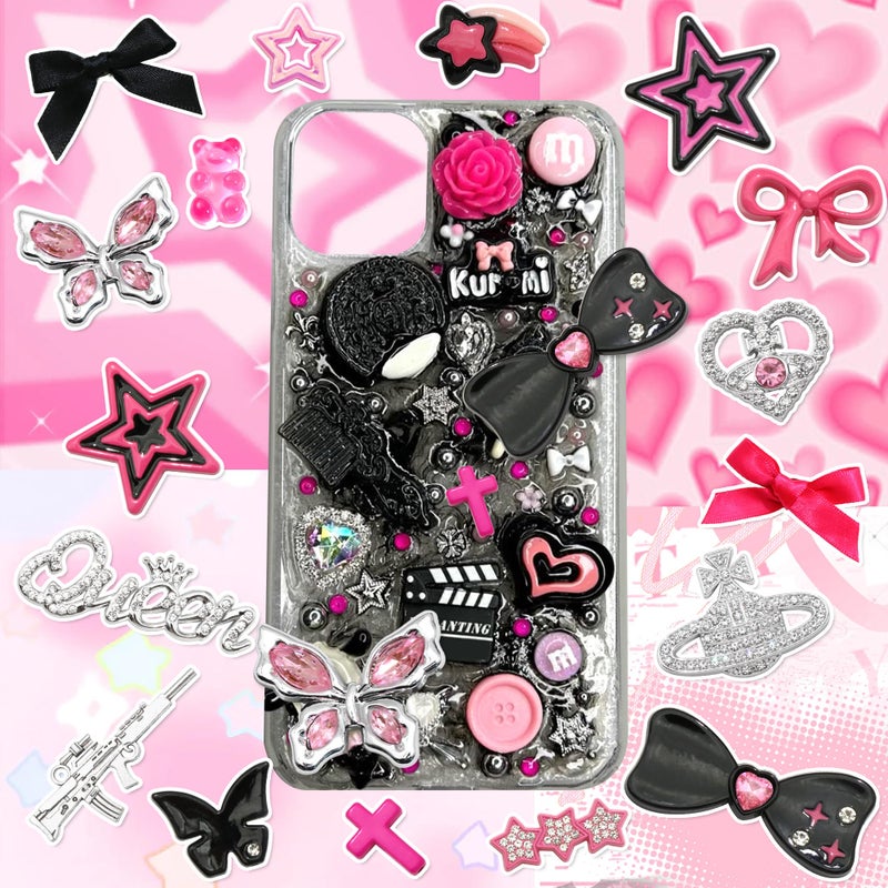 BELICEY Junk Case Charms Kit Black Pink Charm for Phone Cases Multi-Shape Kawaii Bow Heart Star Phone Case Charm Flatback Pearls for Customizing Case Nails Jewelry DIY Craft - Image 4