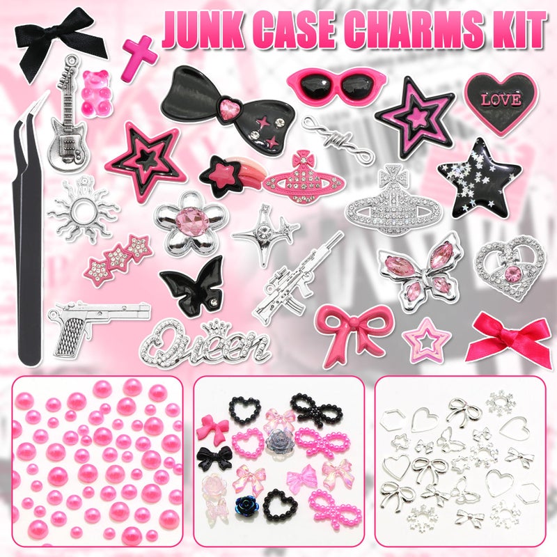 BELICEY Junk Case Charms Kit Black Pink Charm for Phone Cases Multi-Shape Kawaii Bow Heart Star Phone Case Charm Flatback Pearls for Customizing Case Nails Jewelry DIY Craft - Image 2
