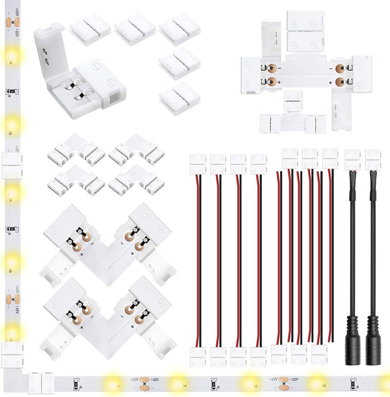 LightingWill 2 Pin LED Strip Light Connector Kit, 8mm Solderless Adapter Connectors, LED Strip Accessories Set for 8mm Wide 3528 2835 Single Color Flex LED Strips, 24 Pack - Image 1