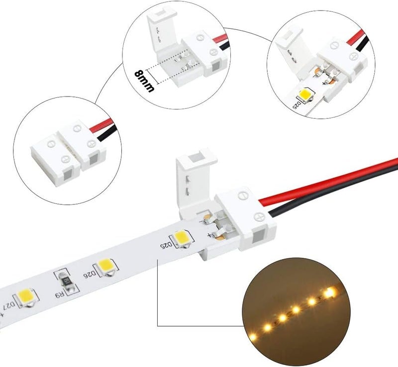 LightingWill 2 Pin LED Strip Light Connector Kit, 8mm Solderless Adapter Connectors, LED Strip Accessories Set for 8mm Wide 3528 2835 Single Color Flex LED Strips, 24 Pack - Image 3