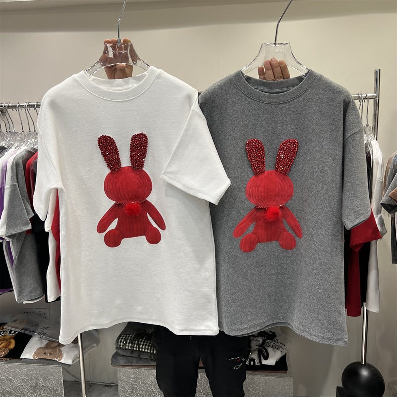 Thickened Sanding Cartoon Printed Rabbit T-Shirt Summer European Loose Large Edition Mid-Length Short-Sleeved Top Women'S Ins Trendy - Image 2