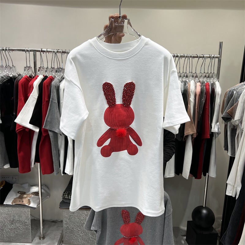 Thickened Sanding Cartoon Printed Rabbit T-Shirt Summer European Loose Large Edition Mid-Length Short-Sleeved Top Women'S Ins Trendy - Image 5
