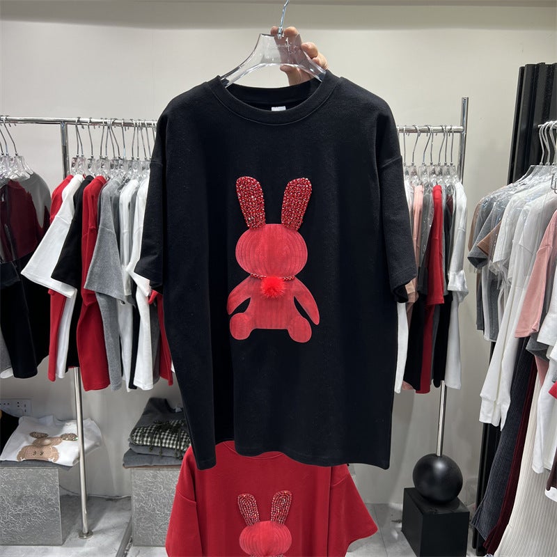 Thickened Sanding Cartoon Printed Rabbit T-Shirt Summer European Loose Large Edition Mid-Length Short-Sleeved Top Women'S Ins Trendy - Image 1