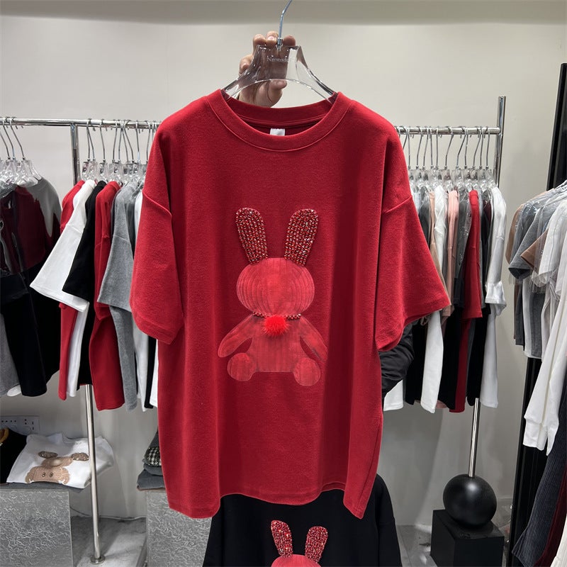 Thickened Sanding Cartoon Printed Rabbit T-Shirt Summer European Loose Large Edition Mid-Length Short-Sleeved Top Women'S Ins Trendy - Image 3